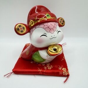 5 Inch Ceramic Snake Money Box Statue Bank With Cushion Display Pillow
